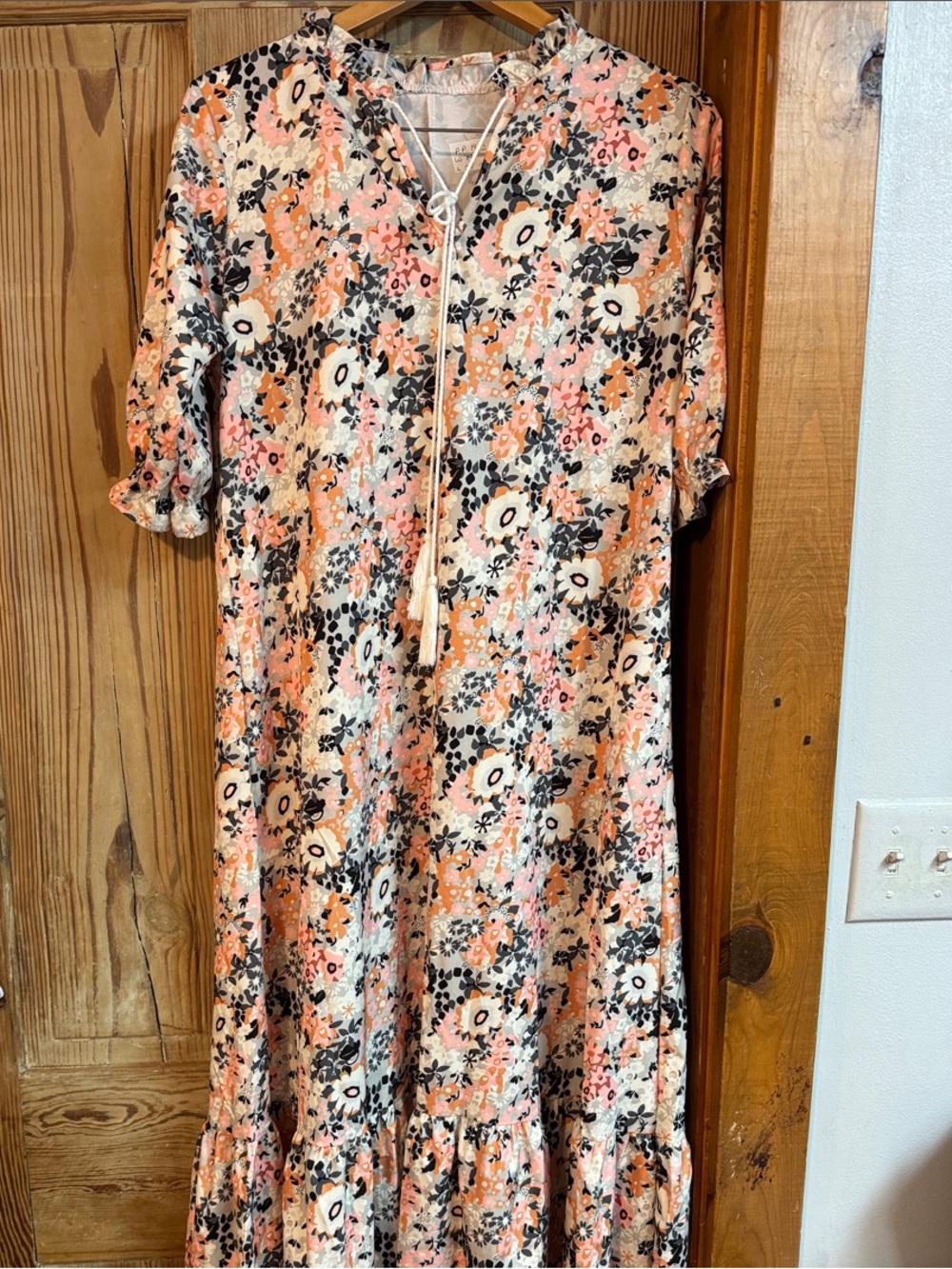 Floral Tie-Neck Maxi  Dress in Peach and Black